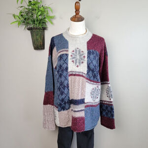 American Eagle 90s Snowflake Hand Knit Patchwork Rolled Hem Vintage L Sweater
